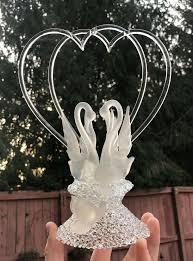Hand Blown Art Glass Wedding Cake Topper Clear Hearts W Frosted Swans Roses Handmade Wedding Wedding Cake Toppers Cake Toppers Wedding Decorations