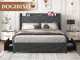 Amazon.com: DOGIBIXO Upholstered Full Bed Frame with 4 Storage Drawers and  Charging Station, Platform Bed Frame with LED Lights, Wingback Storage  Headboard, Heavy Duty, No Box Spring Needed, Dark Grey : Home