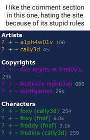 I like the comment section in this one, hating the site because of its  stupid rules Artists ? + -alph4wOlv 108 2 sp = cally3d ai Copyrights ? + five  nights at