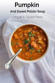 Pumpkin And Sweet Potato Soup Recipe Sweet Potato Soup Sweet Potato Soup Vegan Soup Appetizers