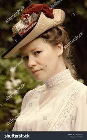 Portrait Woman Beautiful Hat White Blouse Stock Photo 1482428909