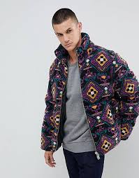 Asos Design Borg Puffer Jacket In Aztec Print Asos
