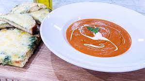 James Martin S Roasted Tomato Soup With Cheesy Garlic Bread Fresh Tomato Recipes Roasted Tomato Soup Roasted Tomatoes
