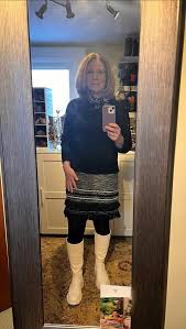 Wearing my Fluenicorns today. It was difficult to get a good photo today.  The tights are purple/black stripes from SNAG. Thanks to Janice Mapes  Stafford for her fashion photography skills