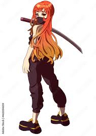 Sexy anime manga girl with a katana in her hand stands pathetically she has  bright fiery hair, she wears a mask and wide pants sticker Stock  Illustration | Adobe Stock