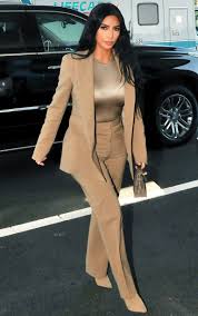 Kim Kardashian S All Beige Power Outfit Plus More Can T Miss Celeb Outfits Kim Kardashian Outfits Kim Kardashian Blazer Celebrity Outfits