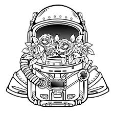 Space Helmet Of The Astronaut Is Filled In Flowers Roses Linear Monochrome Drawing Vector Illustration Astronaut Art Astronaut Drawing Astronaut Illustration