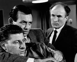 Fugitive 1963 TV series David Janssen as Richard Kimble Barry Morse as Gerard onearmed man black and white television stills ABC show, AI generated