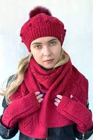 Knitted Hat Scarf Gloves Set Red Knit Set For Women Etsy Knitted Hats Hat Scarf Gloves Set Cashmere Hat