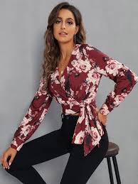 Burgundy Floral Print Wrap Knot Detail Blouse Walmart Com