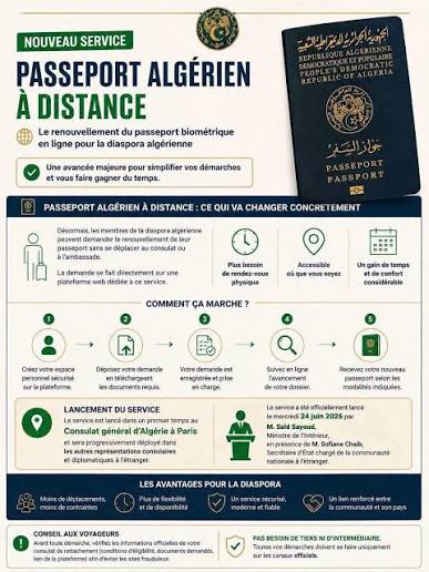 Bonjour à tous Le service de renouvellement du passeport algérien à distance entre officiellement en vigueur pour les membres de la communauté algérienne établie à l'étranger ! - Les ressortissants concernés pourront