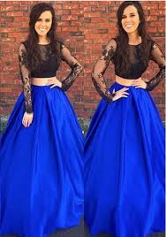 Long Black And Blue Prom Dress Black And Royal Blue Prom Dresses Two Pieces Satin Long Sleeves Lace Top A Line Floor Length Evening Party Dresses Graduation Gowns Prom Dresses Two Piece Royal Blue Prom Dresses Lace Top