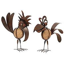 2 Er Set Riesen Metall Figuren Vogel Mit Stein 32cm Bis 35cm Rostfarben Garten Dekoration Vogel Metallfiguren Dekoration Steine