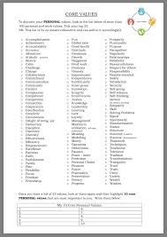 Core Values List Core Values Therapy Worksheets Core Beliefs