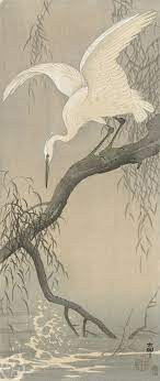 Japanese Art Print White Heron on Tree Branch by 