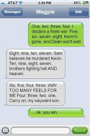 And It S One Two Three What Are We Fighting For Traveling Magpie Supernatural Texts Supernatural Supernatural Funny