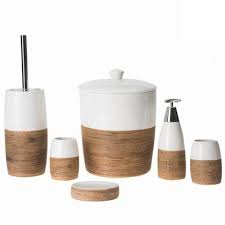 6 Parca Cop Kovali Beyaz Kahverengi Seramik Banyo Seti Pinkev