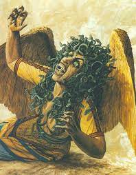 Medusa was beheaded by the greek hero perseus, who thereafter used her head, which retained its ability to turn onlookers to stone, as a weapon until he gave it to the goddess athena to place on her shield. Detail The Gorgon Medusa Senses The Presence Of The Invisible Perseus Nearby By Peter Conno Medusa Greek Mythology Greek And Roman Mythology Greek Antiquity