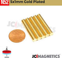 100pcs 5mm x 1mm 13/64in x 1/32in N52 Gold Plated Thin Discs Rare Earth  Neodymium Magnet 5x1mm