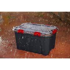The secure snapping lid protects your items from dust and moisture. Husky 20 Gal Professional Duty Waterproof Storage Container With Hinged Lid In Black 246841 The In 2021 Waterproof Storage Clear Storage Bins Stackable Storage Bins