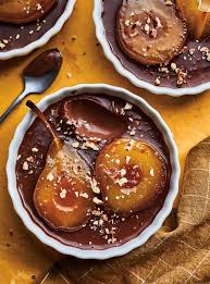 Chocolate Cremeux With Poached Pears And Pecans Ricardo Recipe Poached Pears Food Desserts Menu