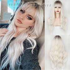The variation of hues will give the illusion of thickness and texture to the hair. Buy Merisihair Ombre Synthetic Wig With Bangs Long Wavy Wig For White Women Platinum Blonde Wig Dark Roots 24 Inches At Affordable Prices Price 19 Usd Free Shipping Real Reviews With Photos Joom