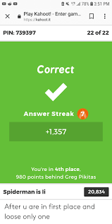 You can use your ipad screen, put it up on a bigger screen using airplay and apple tv, or chromecast. Ek Lte All 78 351 Pm X Play Kahoot Enter Gam Httpskahootit 22 Of 22 Pin 739397 Correct Answer Streak 7 1357 You Re In 4th Place 980 Points Behind Greg Pikitas Spiderman Is
