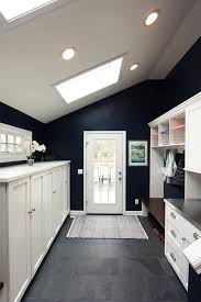 Navy blue walls and white kitchen cabinets. Navy Blue Mudroom With White Built In Cabinets With Coat Storage Transitional Entry Other By Denise Quade Design Houzz