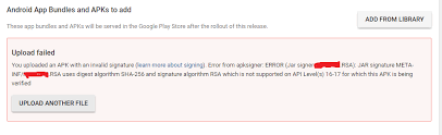 Mar 04, 2021 · the apksigner tool, available in revision 24.0.3 and higher of the android sdk build tools, allows you to sign apks and to confirm that an apk's signature will be verified successfully on all versions of the android platform supported by those apks. Why Am I Getting The Following Upload Error And How Do I Fix It Stack Overflow