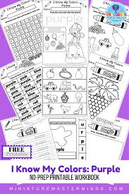 Print coloring pages online or download for free. I Know My Colors Printable Work Book Series 9 Page Workbook The Color Purple Miniature Masterminds