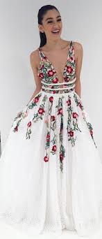 Free Shipping Princess V Neck Floral Embroidery Long Prom Dress Casual Prom Dresses Boho Prom Dress Floral Prom Dresses