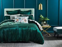 This duvet cover set features a stunning display of large winter blooms in a vibrant tempest of emerald green, silver and white, printed on luxurious velvet. Amira Emerald Velvet Quilt Cover Bed Bath N Table Blue Bedding Bedroom Green Comfortable Bedroom