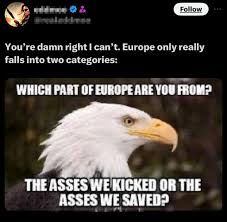 Which part of Europe are your from? The asses we kicked or the asses we  saved? : r/ShitAmericansSay
