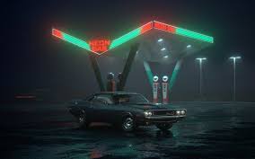 Dodge Challenger Muscle Car Night Gas Station Art Neon Gas Retro Cars Gas Station