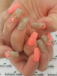 Prom is one event that girls want to look the best. Gold Coral Glitter Coffin Nails Gel Acrylic Nails Coffin Shape Nails Coffin Nails Designs