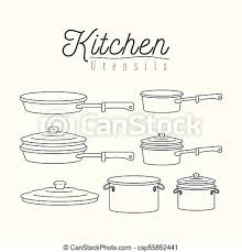 Cooking pots clipart black and white. White Background With Silhouette Set Of Kitchen Pots And Pans With Lids Kitchen Utensils Vector Illustration Canstock