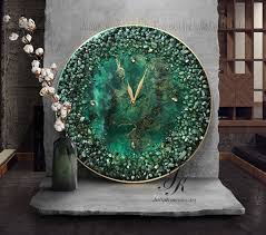 Silver Clock Wall Clock Resin Painting Large Wall Clock Etsy Green Clocks Resin Art Resin Painting