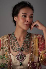 Black Rhodium Plated Moissanite Polki & Green Beryl Long Necklace In  Sterling Silver