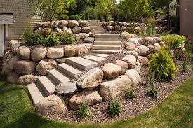 Stone Brick And Concrete Landscaping Steps Stairs Southview Design Minneapolis In 2020 Landscaping With Boulders Small Natural Garden Ideas Boulder Retaining Wall