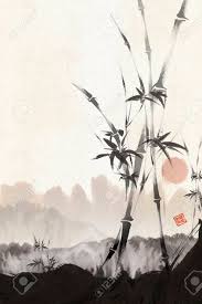 Use the light green color to fill in the surrounding space. Chinese Painting Bamboo With The Sun In The Background Stock Photo Picture And Royalty Free Image Image 78195326