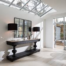 Woodcroft Balustrade Oak And Black Console Table Long Tables One World In 2020 Black Console Table Console Table Decorating White Console Table