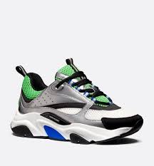 Black And Green Dior Sneakers B22 Sneaker In Green Technical Knit Silver Tone And Black Calfskin Three Quarter Closed View Mens Fashion Shoes Dior Shoes Sneakers