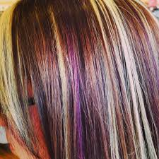 Blonde And Purple Highlights Brown Hair With Highlights Redken Certified Colorist Hair Hair Styles Purple Hair Highlights