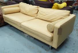 Conran 59th Street Sofa Piped 1970 S Parchment Leather With Rectangular Arms Twin Cushions And Stainless Steel Supports 201cm W X 88cm D
