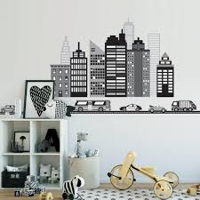 Black And White City Skyline Cityscape Wall Decal Black And White City Skyline Wall Decal With Cars And Straight Black Road Wall Dressed Up Black And White City Wall Decals Fabric Wall Decals