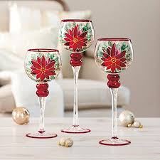 Hand Painted Poinsettia Glass Candle Holders 3 Piece Various Sized Set In 2020 Christmas Candle Holders Wine Glass Candle Holder Glass Candle