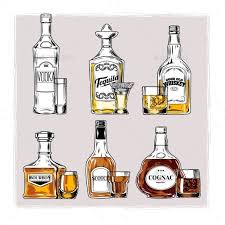 Vector Set Of Bottles With Alcohol And Stemware Flask Drawing Alcohol Cocktail Illustration