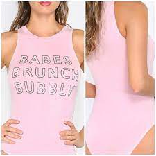 Pink BABES BRUNCH BUBBLY Print Womens sz Small High Neck Sleeveless  Bodysuit | eBay