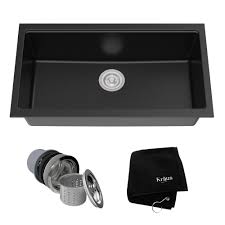 The undermount sink ensures that you can take advantage of every inch of black kitchen sinks are becoming a homeowner's favorite. Kraus Undermount Granite Composite 32 In Single Basin Kitchen Sink Kit In Black Kgu 413b The Home Depot