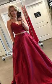 Simply Prom Dress 2018 Two Piece Red Long Prom Dress With Pockets Gorgeous Straps Red Long Prom Dress Formal Evening Dr Vestidos De Moda Xv Vestidos Vestidos